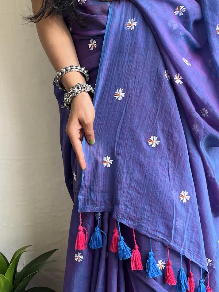 Shiuli Phool l Purple embroidered mul cotton saree