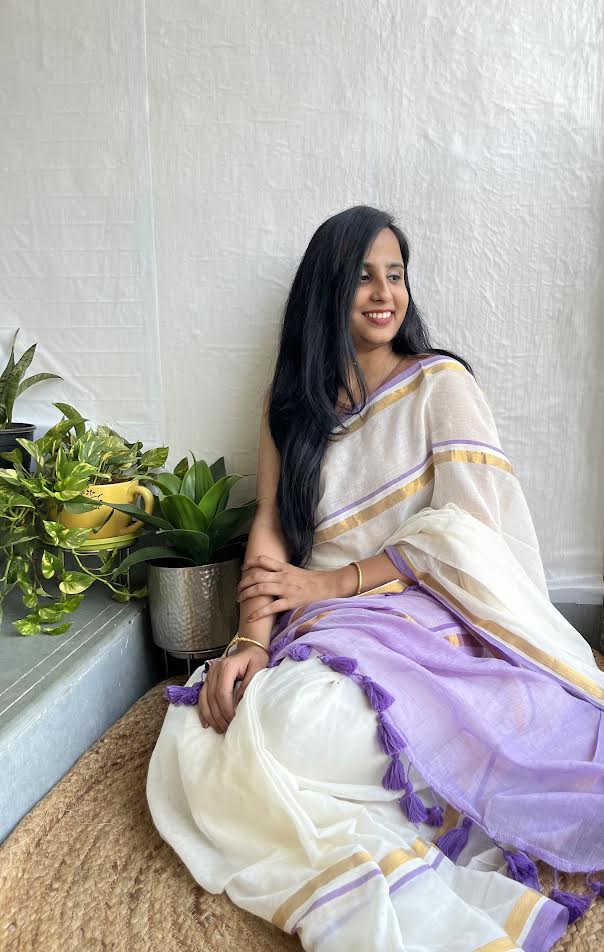 White & Purple Cotton Saree