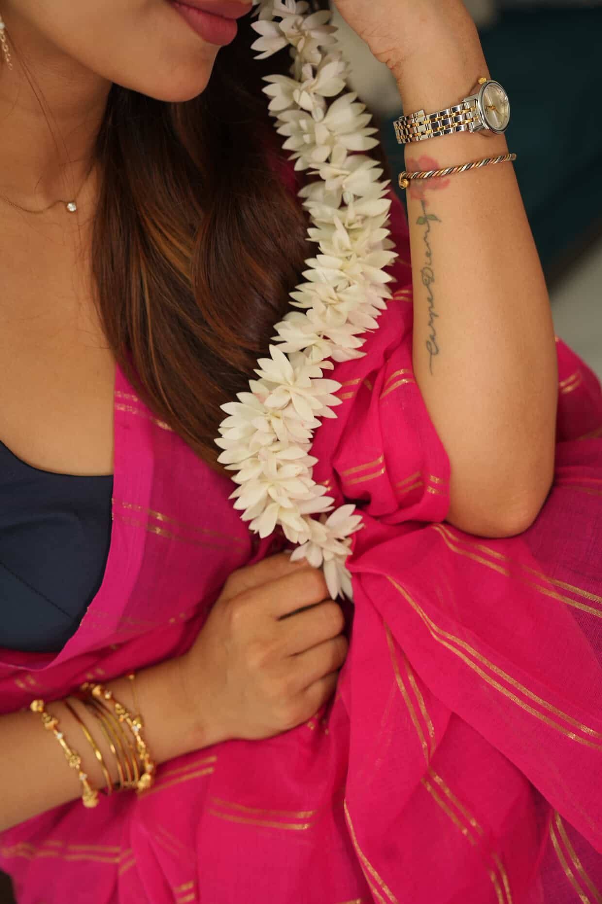 Dharini | Pink Mul cotton zari stripes saree