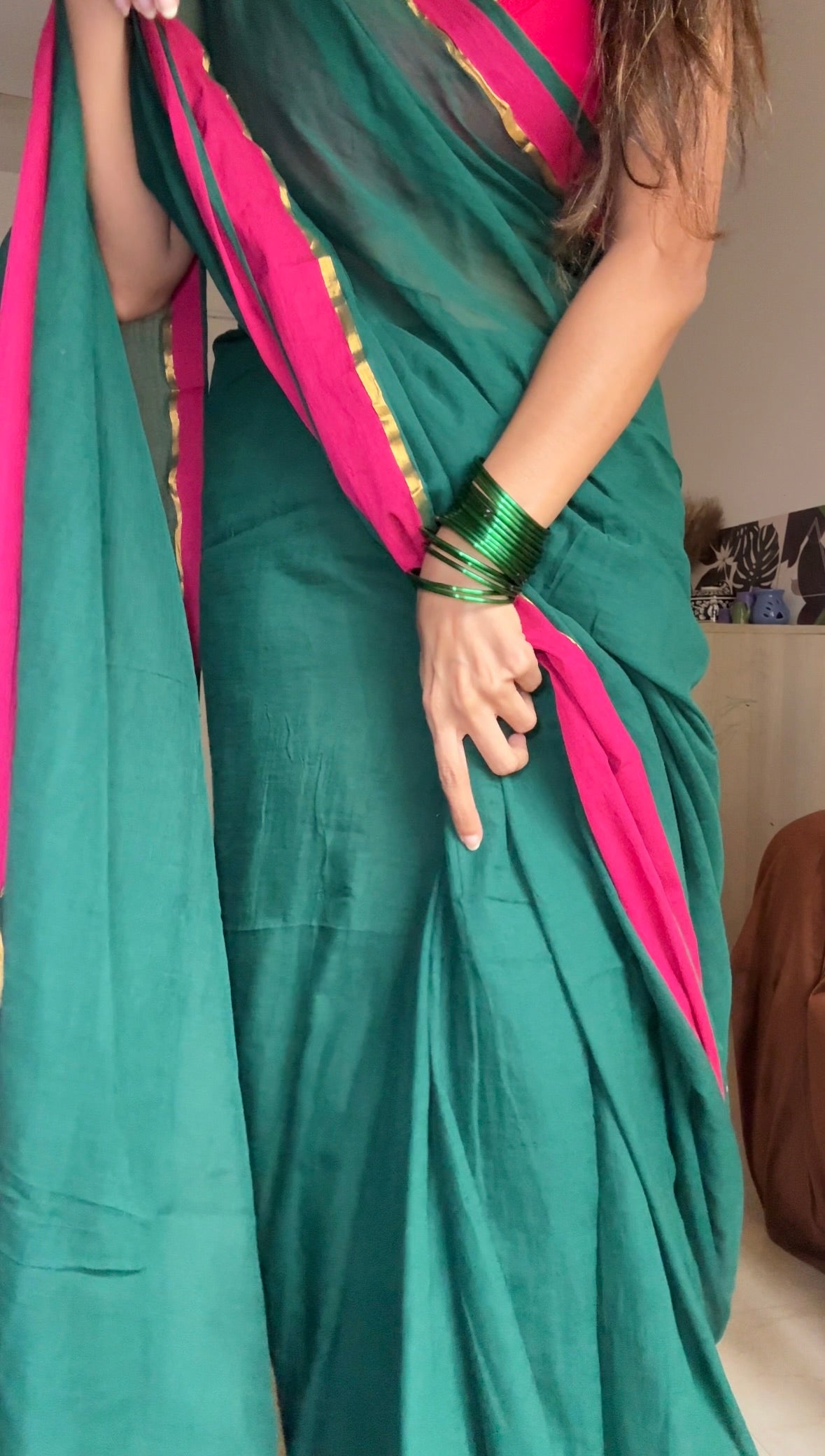 Shagun | Green with Pink border Mul Cotton Saree