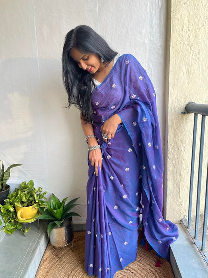 Shiuli Phool l Purple embroidered mul cotton saree