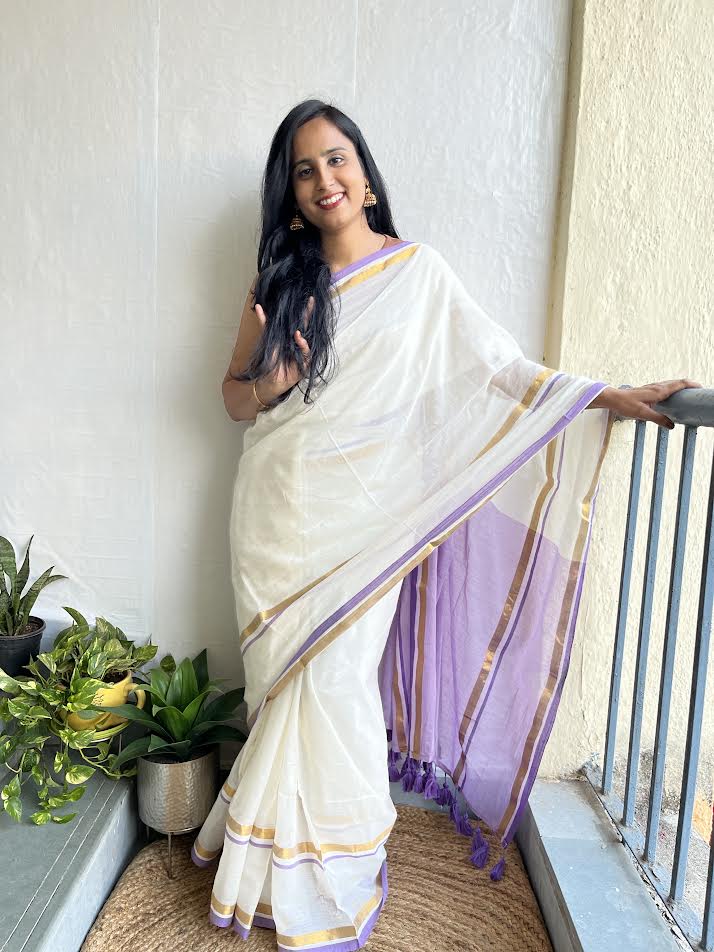 White & Purple Cotton Saree