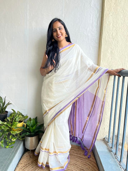 White & Purple Cotton Saree