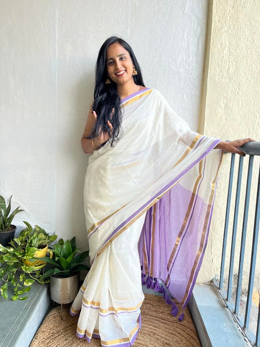 White & Purple Cotton Saree