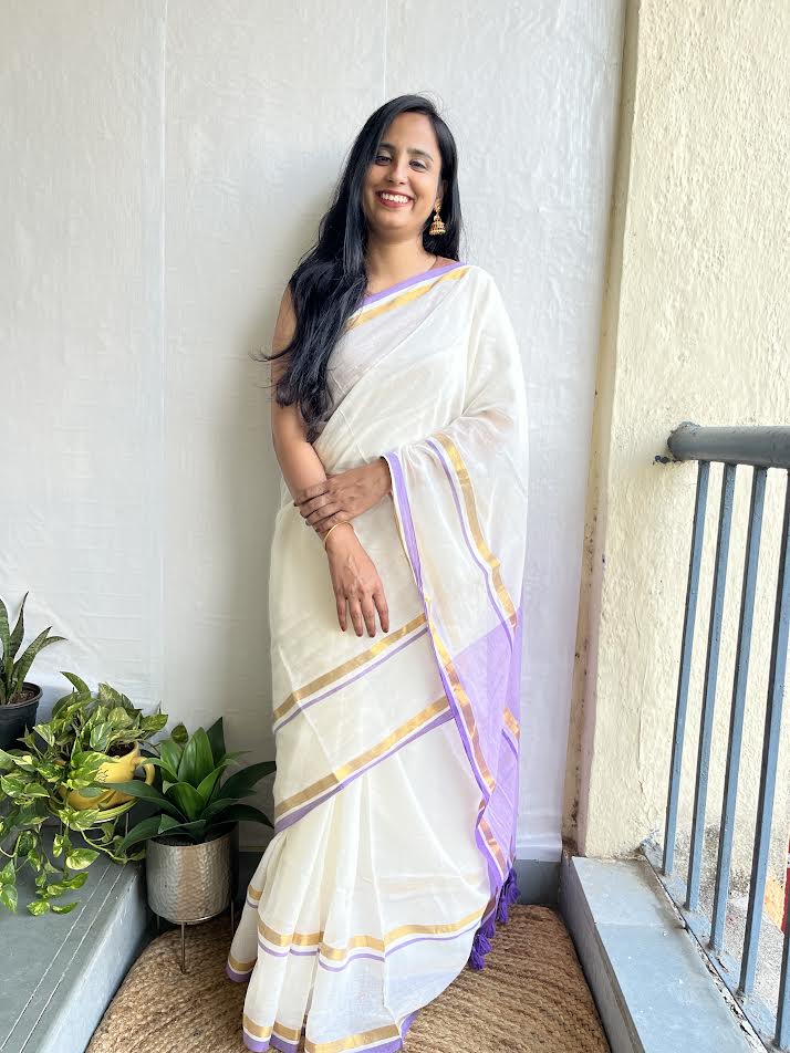 White & Purple Cotton Saree