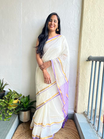 White & Purple Cotton Saree