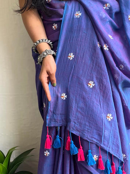 Shiuli Phool l Purple embroidered mul cotton saree