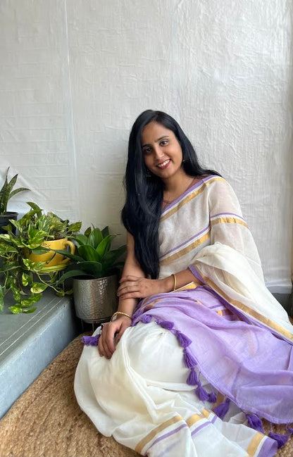 White & Purple Cotton Saree