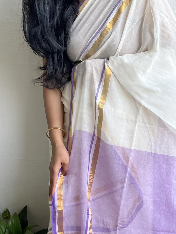 White & Purple Cotton Saree