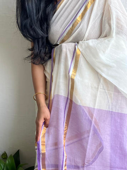 White & Purple Cotton Saree