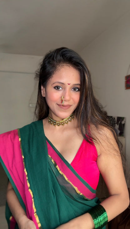 Shagun | Green with Pink border Mul Cotton Saree