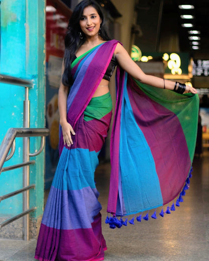 Anokhee l Multicoloured stripes mul cotton saree