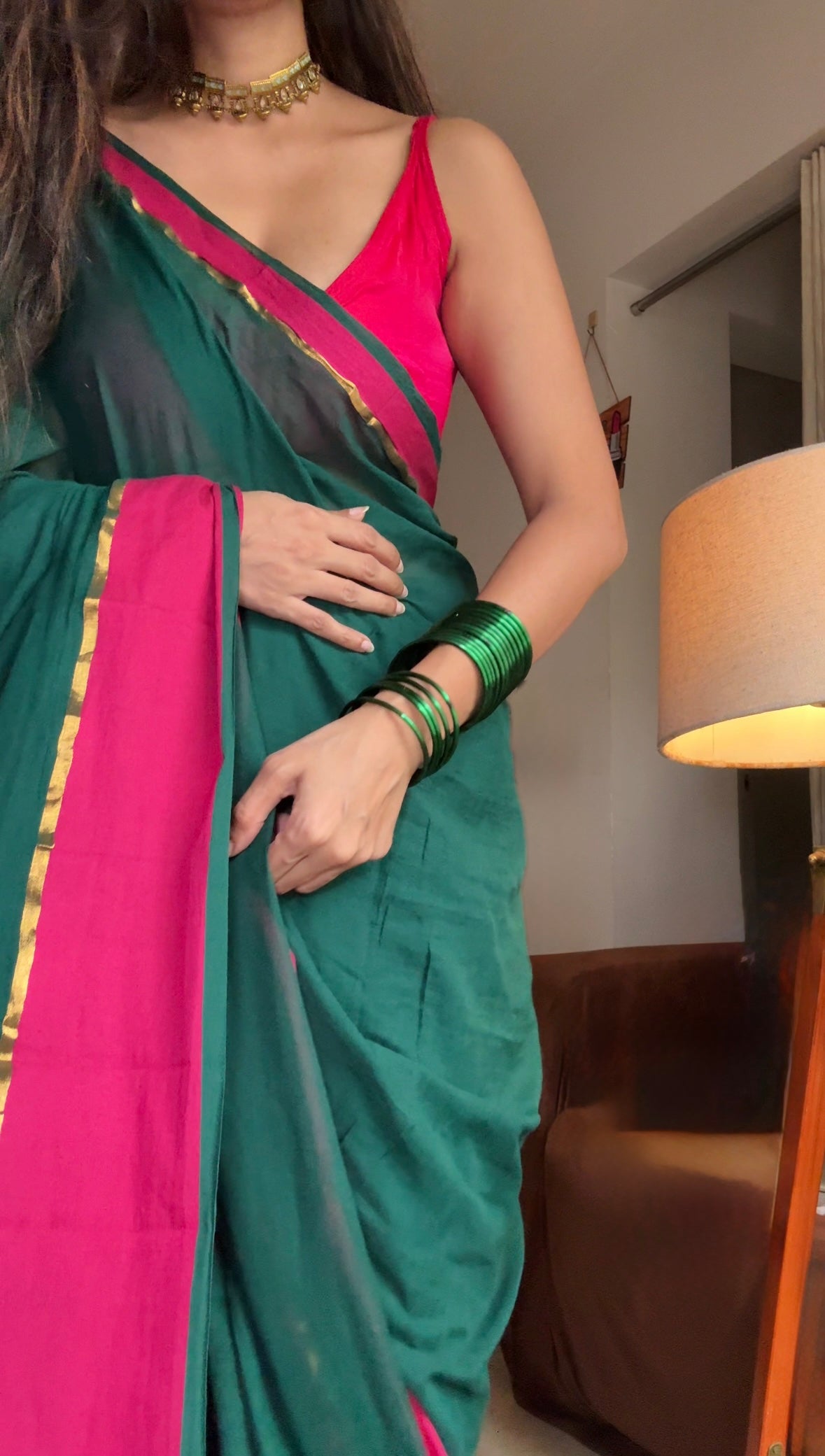 Shagun | Green with Pink border Mul Cotton Saree