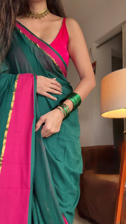 Shagun | Green with Pink border Mul Cotton Saree