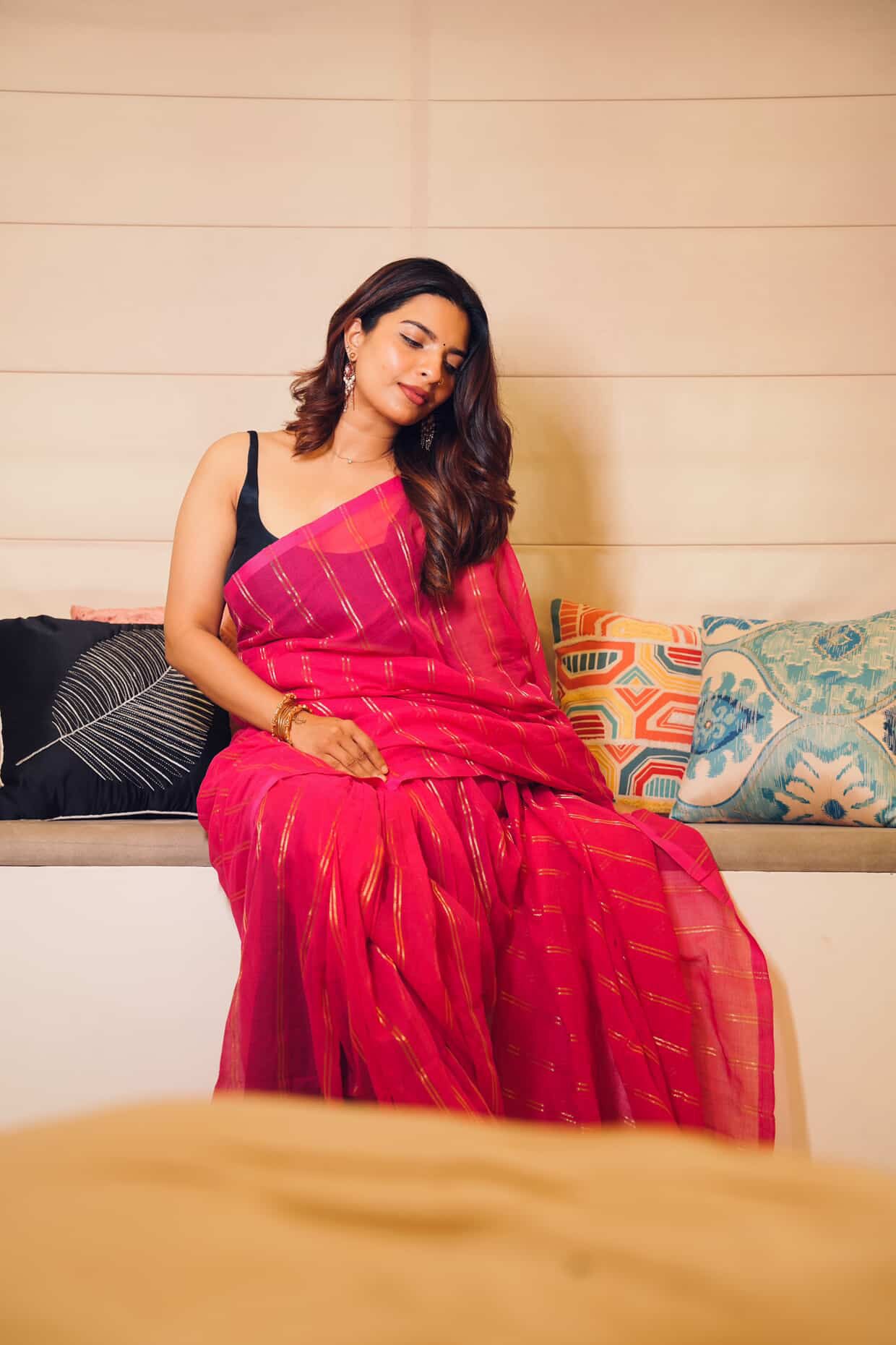 Dharini | Pink Mul cotton zari stripes saree