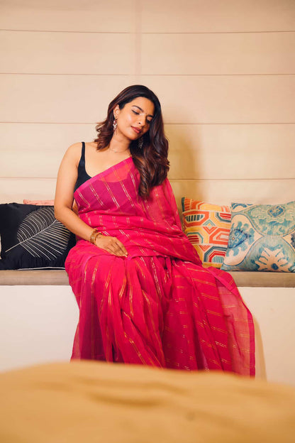 Dharini | Pink Mul cotton zari stripes saree