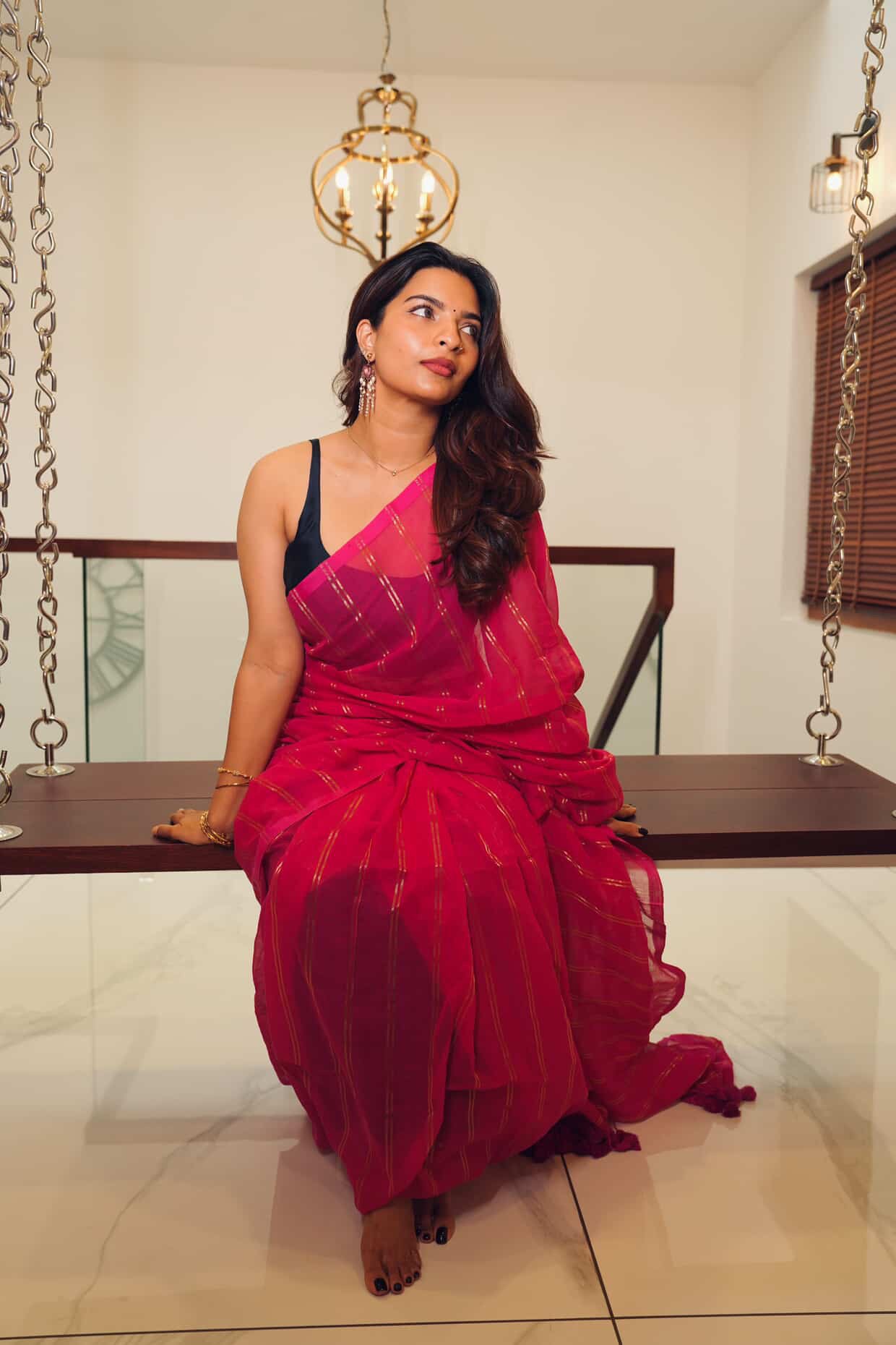 Dharini | Pink Mul cotton zari stripes saree