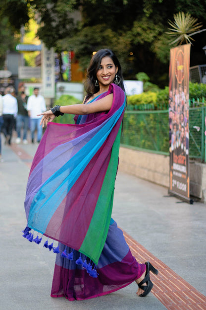 Anokhee l Multicoloured stripes mul cotton saree