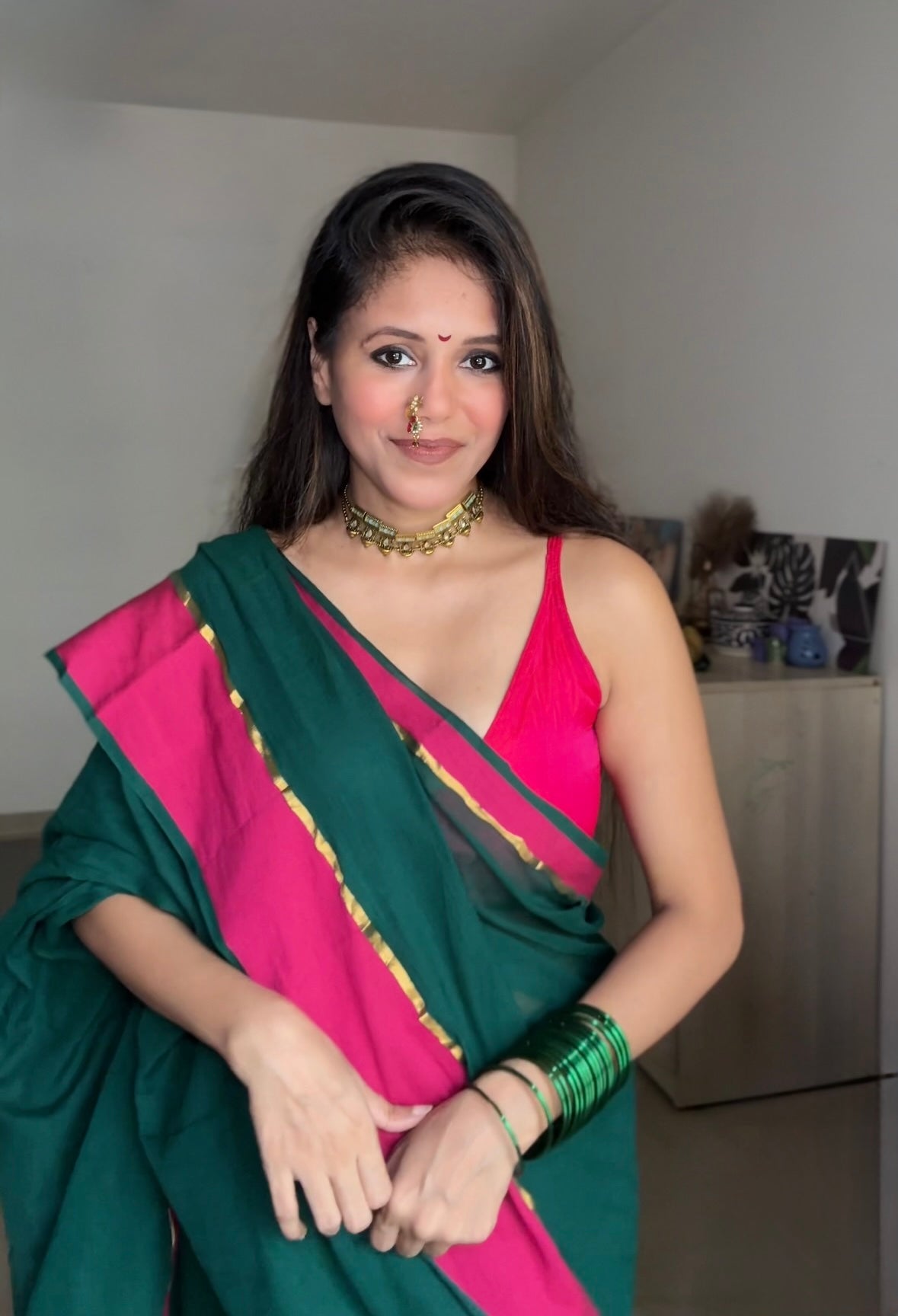 Shagun | Green with Pink border Mul Cotton Saree