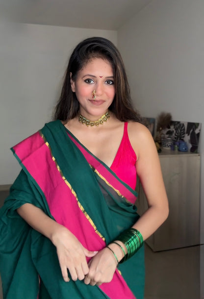 Shagun | Green with Pink border Mul Cotton Saree