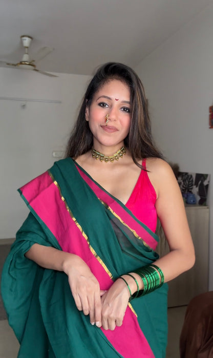 Shagun | Green with Pink border Mul Cotton Saree