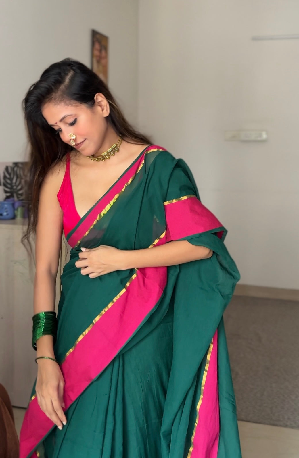 Shagun | Green with Pink border Mul Cotton Saree