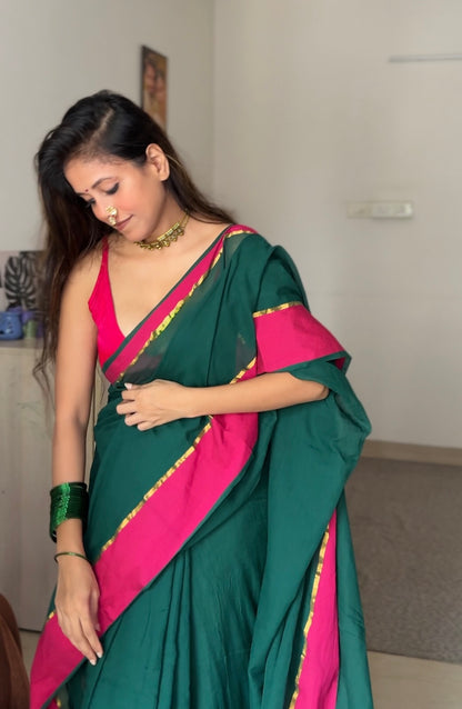 Shagun | Green with Pink border Mul Cotton Saree