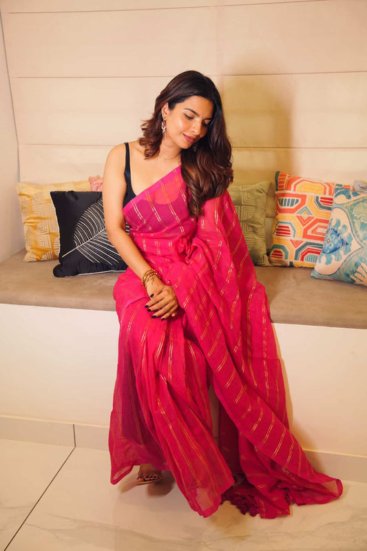 Dharini | Pink Mul cotton zari stripes saree