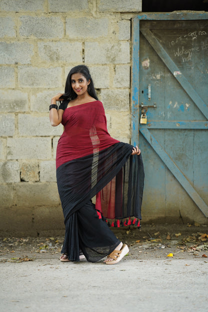 Sanyukta l Maroon And Black Mul Cotton Saree