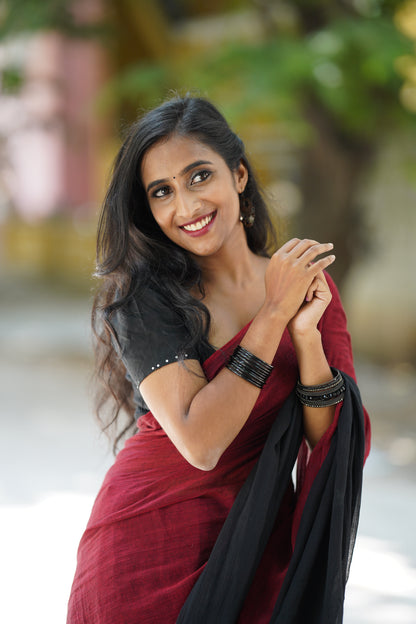 Sanyukta l Maroon And Black Mul Cotton Saree