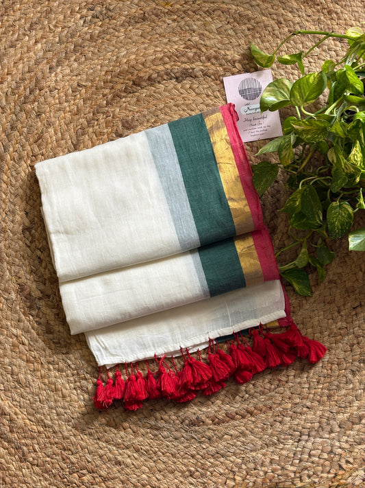 Surabhi l Off white with multi colour border mul cotton saree