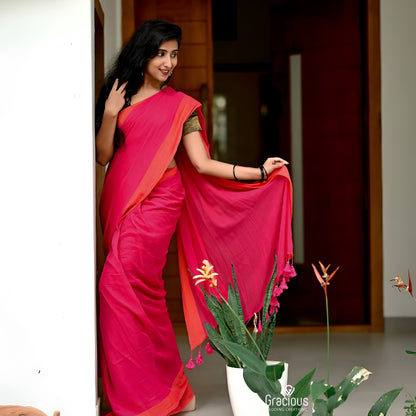 Pink and orange Mul cotton saree
