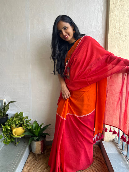 Anokhee l Orange And Peach Pink Mul Cotton Saree