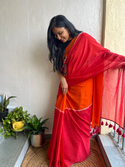 Anokhee l Orange And Peach Pink Mul Cotton Saree