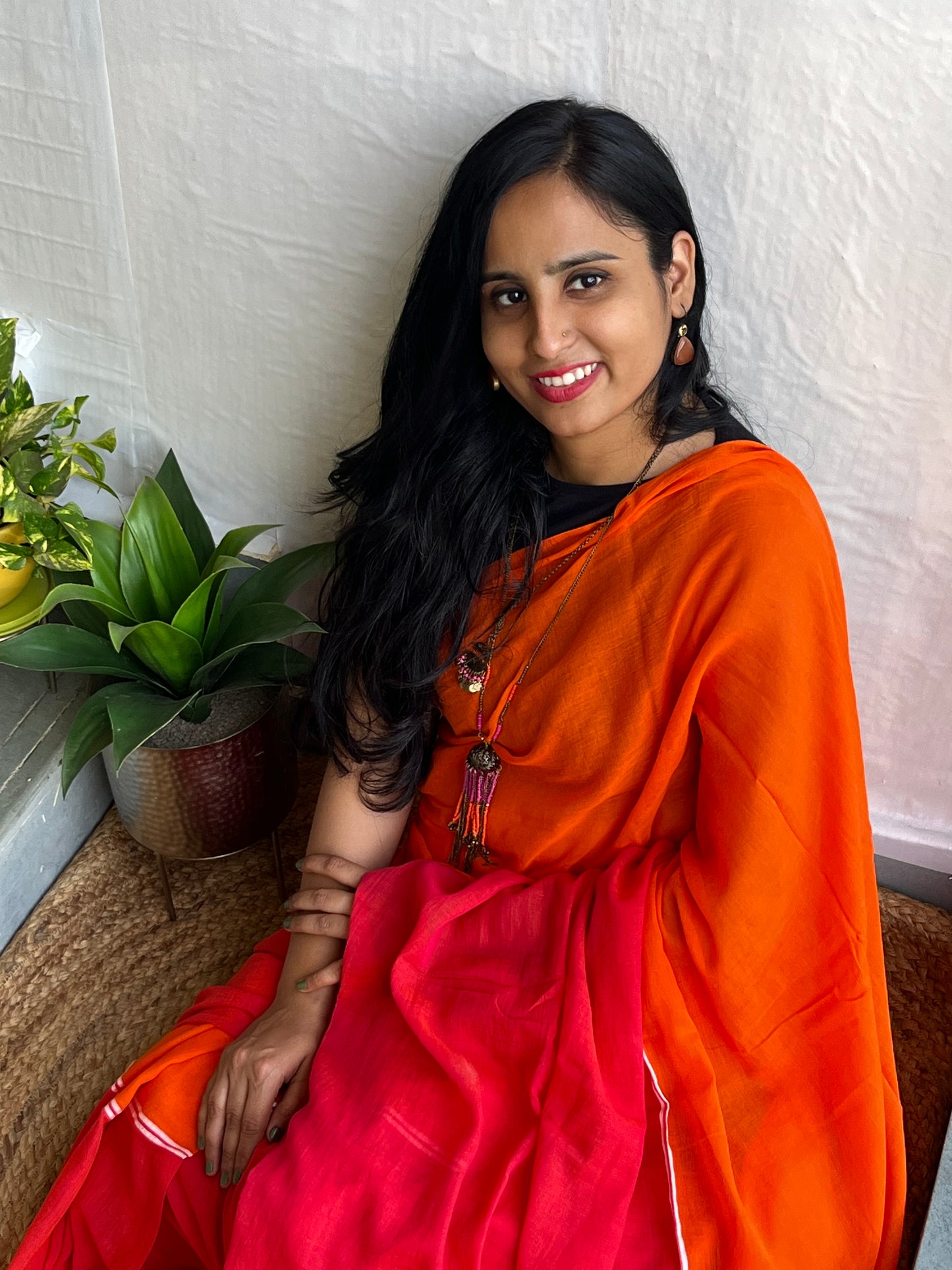 Anokhee l Orange And Peach Pink Mul Cotton Saree