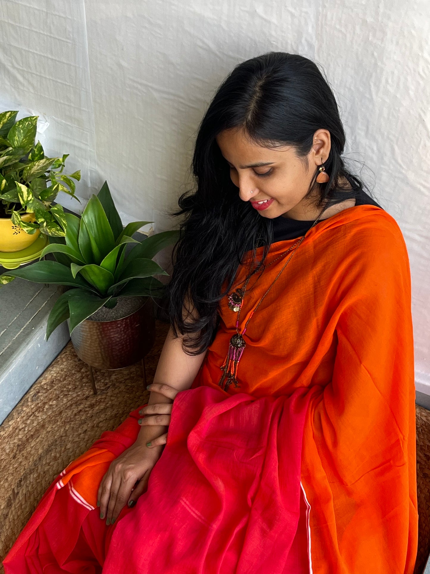 Anokhee l Orange And Peach Pink Mul Cotton Saree