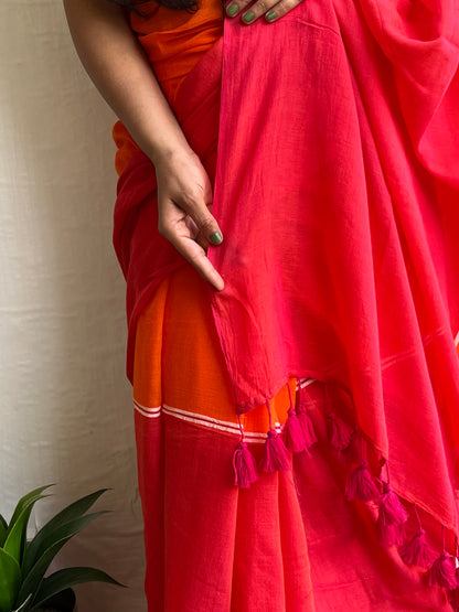 Anokhee l Orange And Peach Pink Mul Cotton Saree