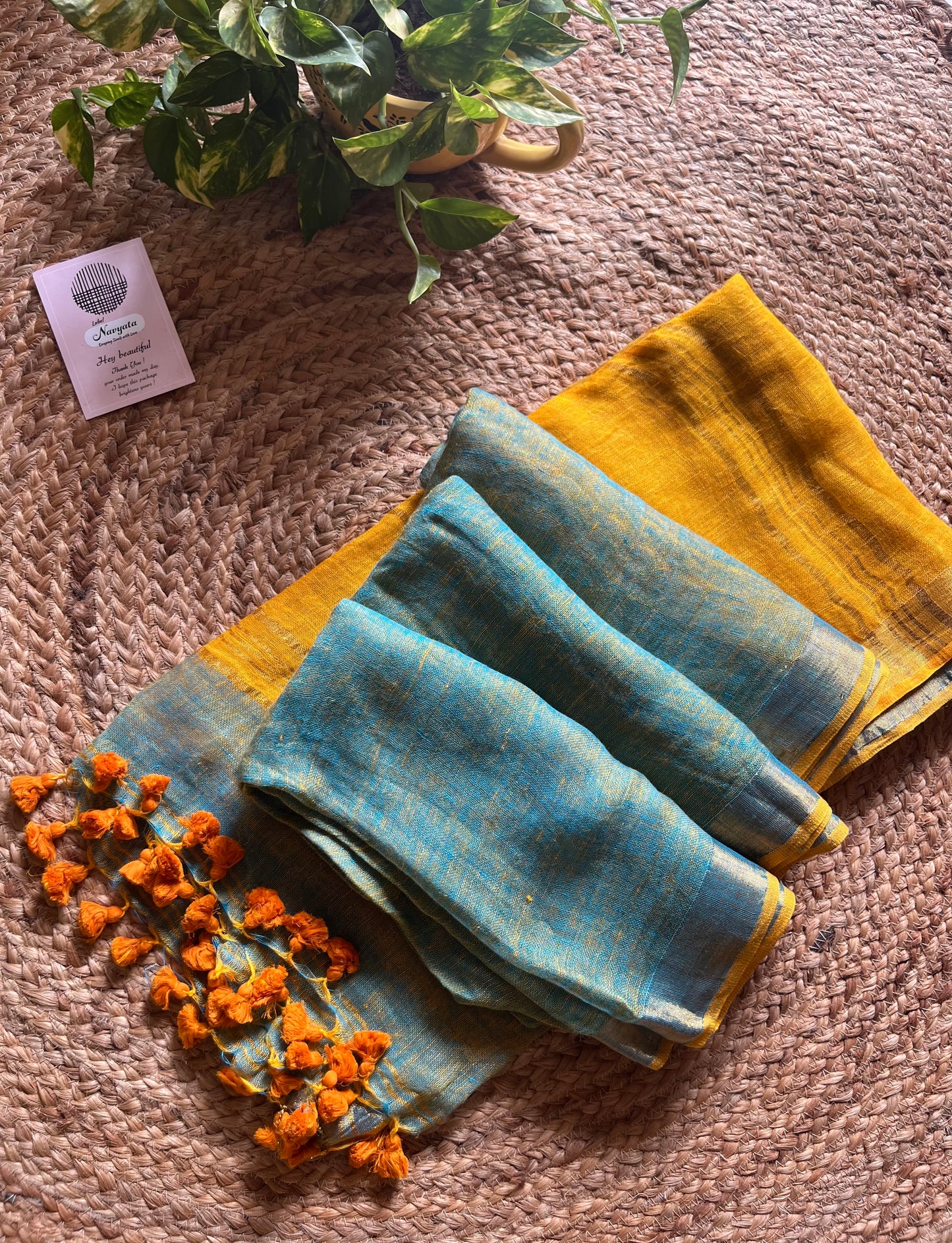 Nayab l Teal With Mustard Pallu Pure Linen Saree