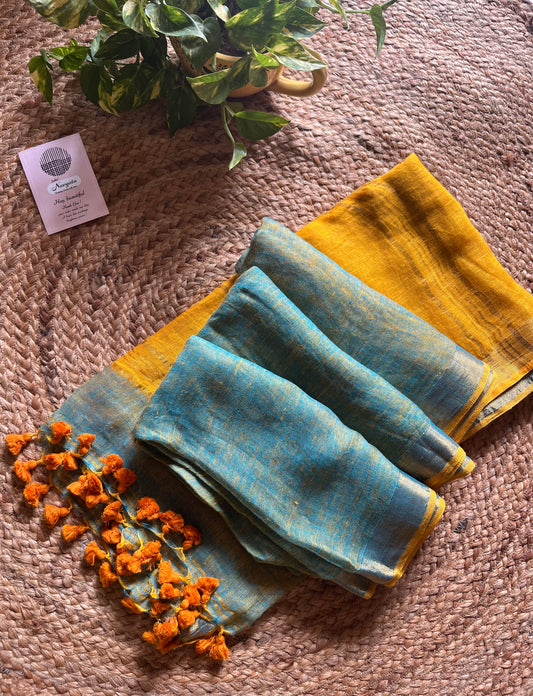 Nayab l Teal With Mustard Pallu Pure Linen Saree