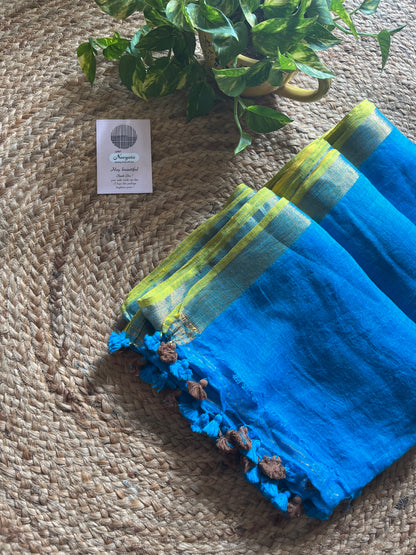 Nayab l Blue With Neon Border Linen Saree