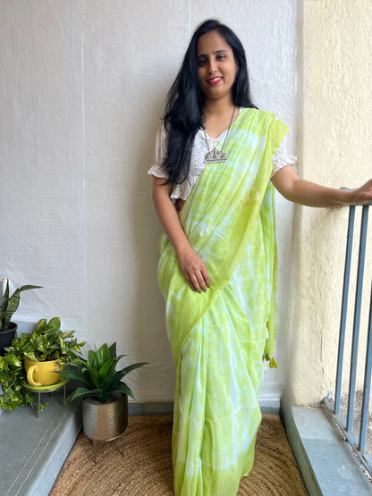 Shibori l Green Tie And Dye Mul Cotton Saree