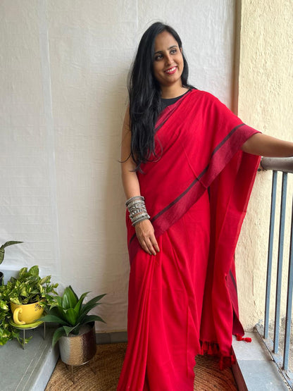 Red and black border mul cotton saree