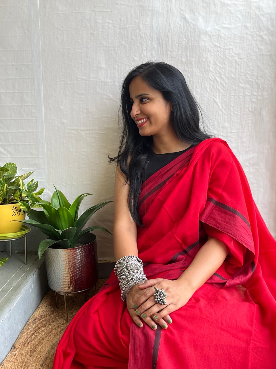 Red and black border mul cotton saree
