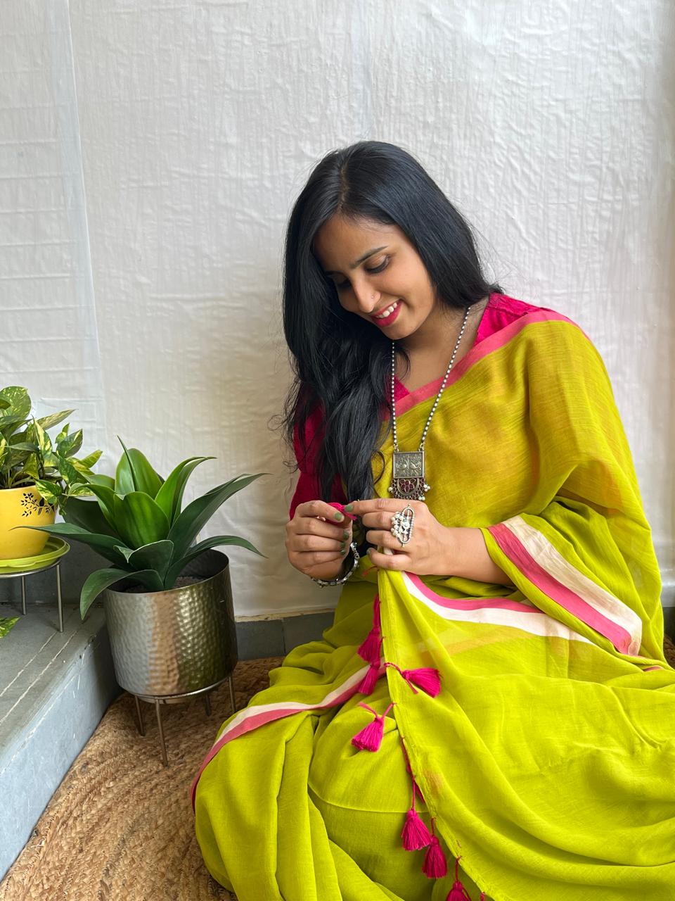 Neon and pink mul cotton saree