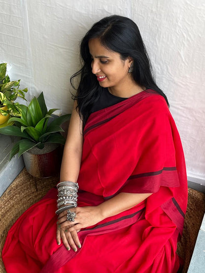 Red and black border mul cotton saree