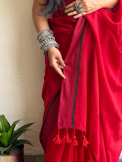 Red and black border mul cotton saree