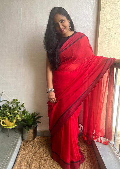 Red and black border mul cotton saree