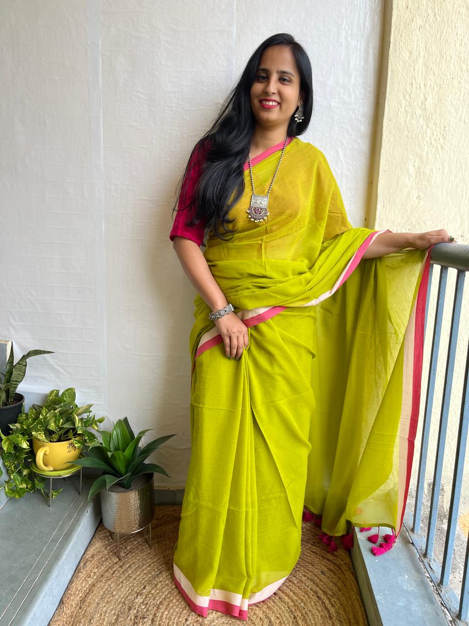 Neon and pink mul cotton saree