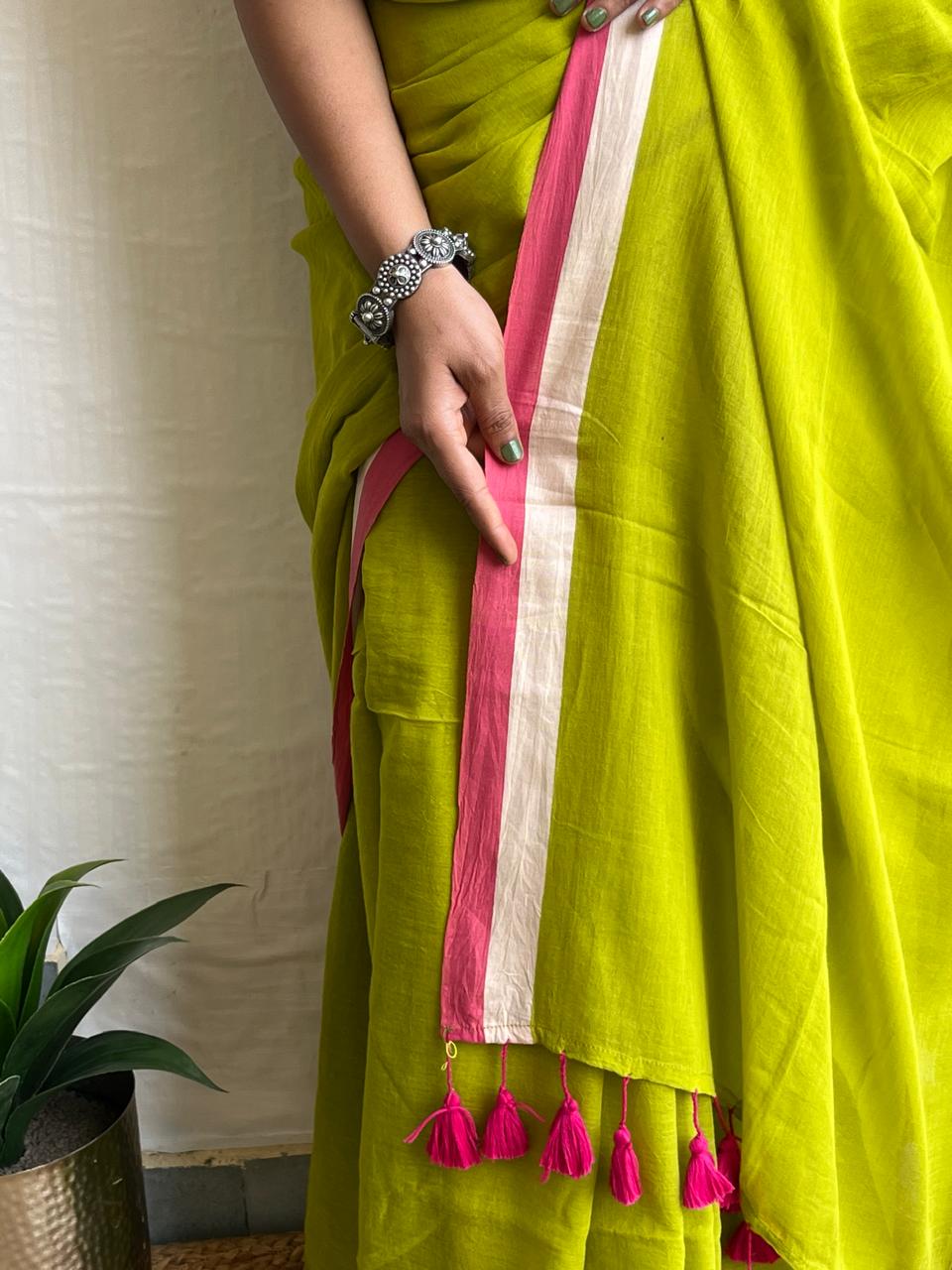 Neon and pink mul cotton saree