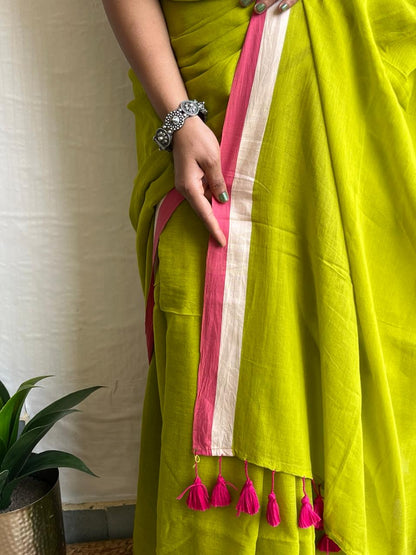 Neon and pink mul cotton saree